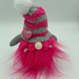Handmade Valentine Gnome Decor Pink Gray Plush Beard + Glitter Heart | New